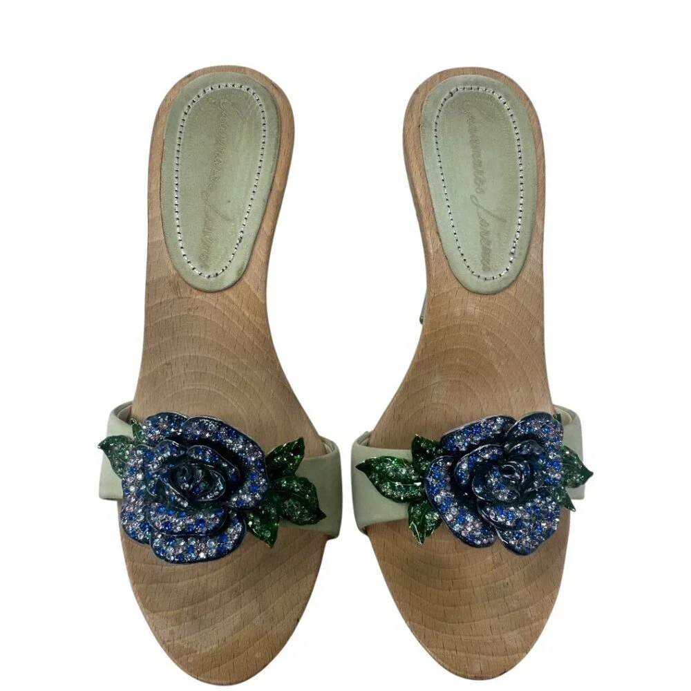 Rare Gianmarco Lorenzi Crystal Flower Wooden Platform Mules 36 / 6